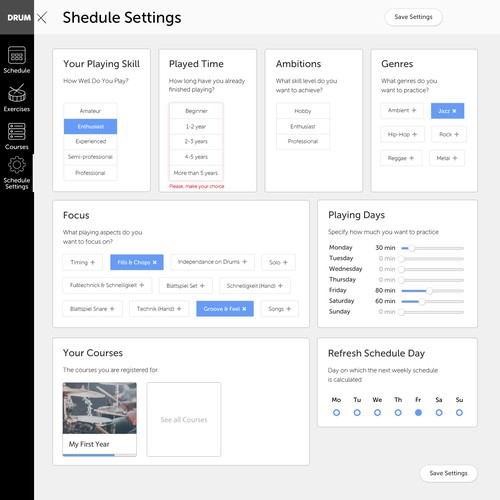 Drum Lessons Shedule Page Interface for DrumX