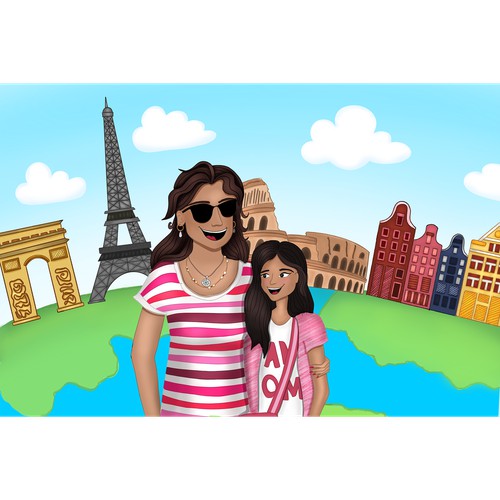 Colourful illustration of mom and daughter travelling the world