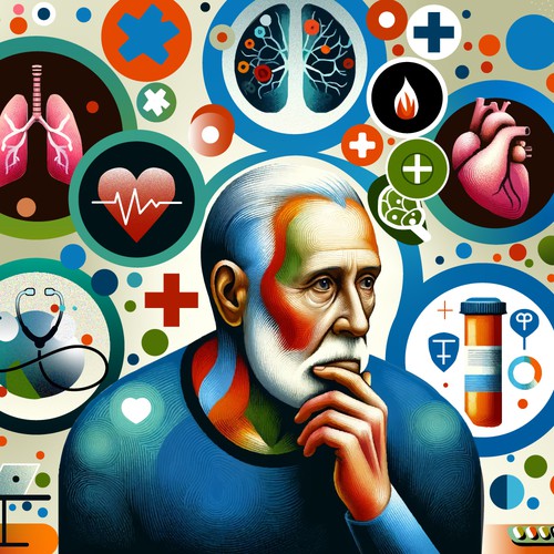 Illustration depicting multimorbidity in ageing for use in scientific contexts.
