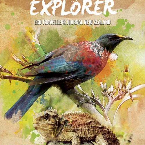 Create a magazine cover for Organic Explorer New Zealand Eco-Traveler Journal that's going to fly.