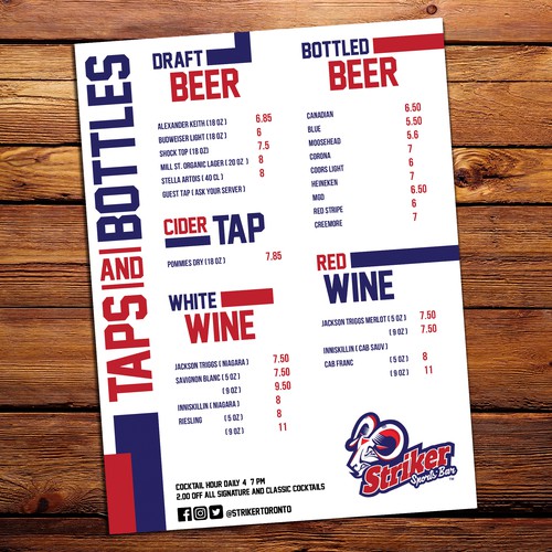 Menu concept for striker sports bar