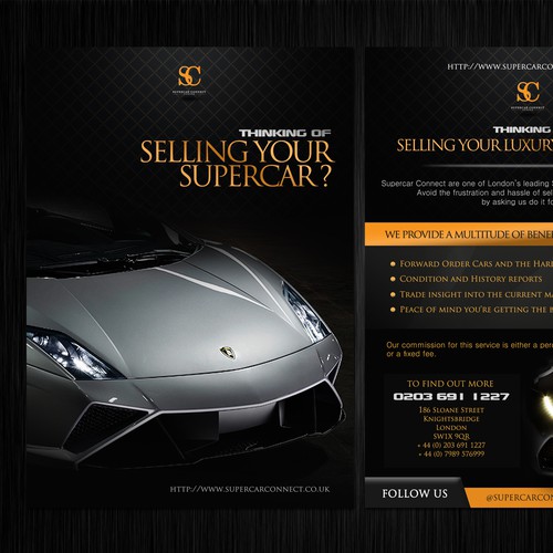 Create a flyer for a Supercar Broker dealing with Lamborghini & Ferrari in London