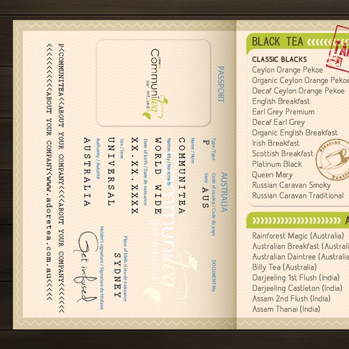 Cool new 'passport' menu design needed for Adore Tea