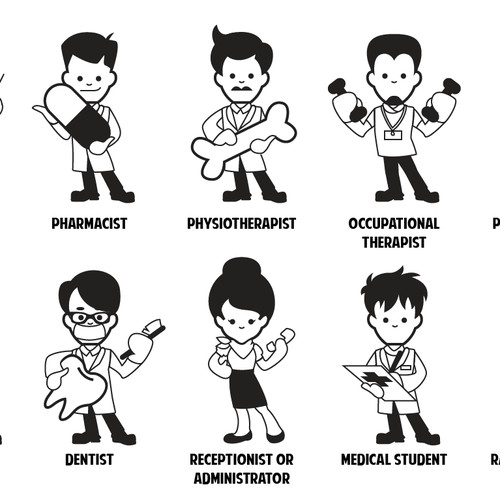 Design a cartoon character set of hospital staff for the Japanese market
