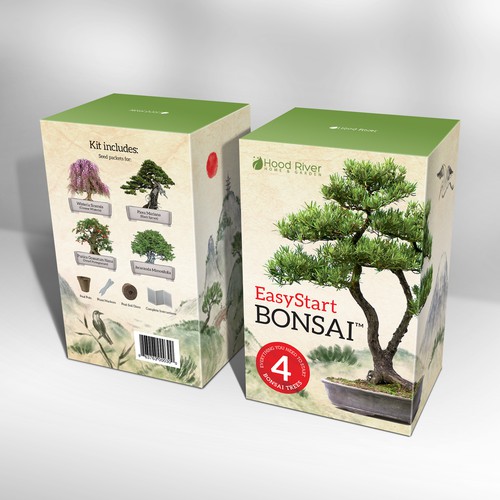 Bonsai kit box design. Packaging design with custom hand drawn illustration.