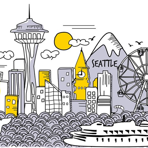 A Seattle skyline in a hand sketched funky style