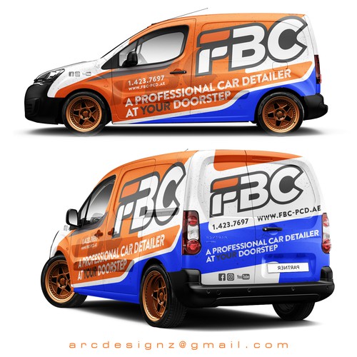 Orange and blue combination wrap for for FBC car detailers.