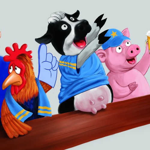 Funny Cartoon Illustration - Cow, Pig and Chicken in a Bar