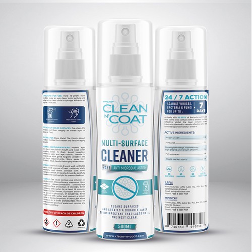 Design a stand-out label for an international Cleaning and Active Anti-microbial protection spray