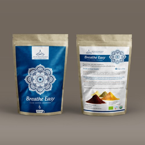 Ayur Botanicals needs a standout elegant front label for a range of 8organic herbal beverage blends.