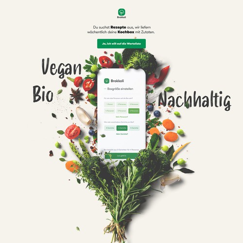 Landingpage (mobile & web) for a vegan cooking box.