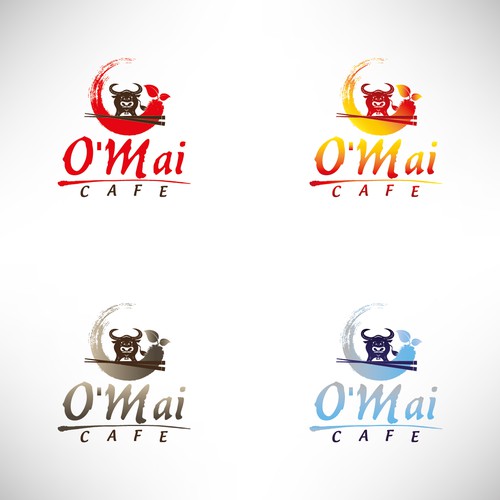 Create a fun yet modern illustration for O'Mai.  The Cafe can be in small print