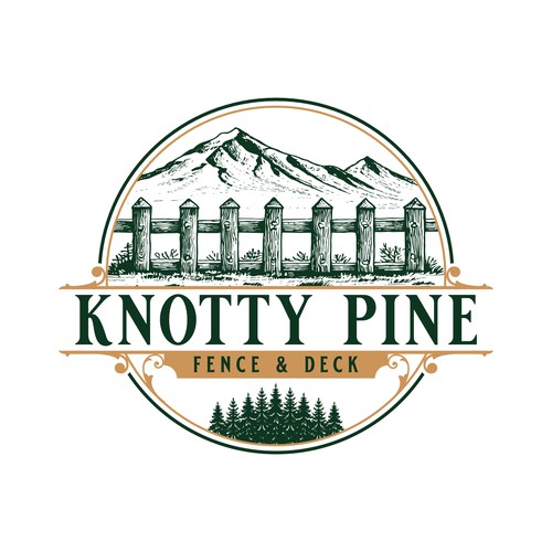 Vintage Hand Drawn Emblem Logo for Knotty Pine Fence & Deck