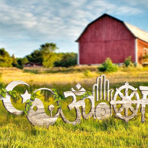 Create a subtle picket fence drawing that includes world religious symbols