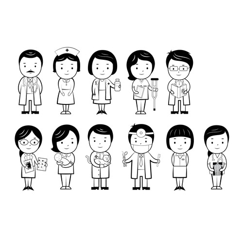 Design a cartoon character set of hospital staff for the Japanese market