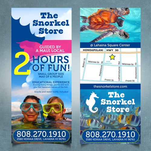 Create a fun 4in X 9in brochure for a new shoreline snorkel tour company. Shorline Xpress Snorkel.