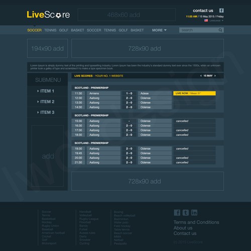 Mockup for a livescore website