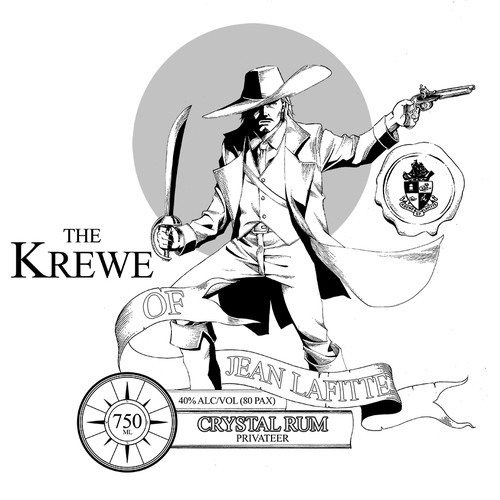 Label for "Krewe of Jean Lafitte" brand distilled spirits