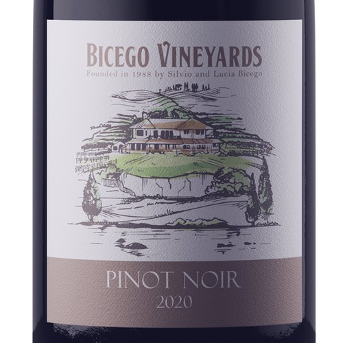 Wine label with illustration of the client's home and vineyard