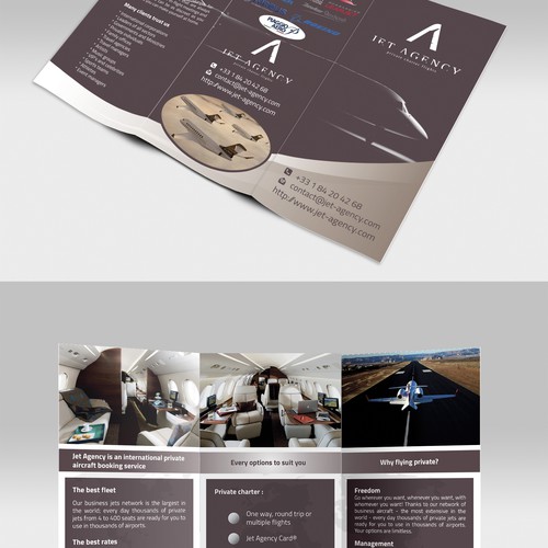 Create a brochure/ebrochure for a Private Jets company : JET AGENCY