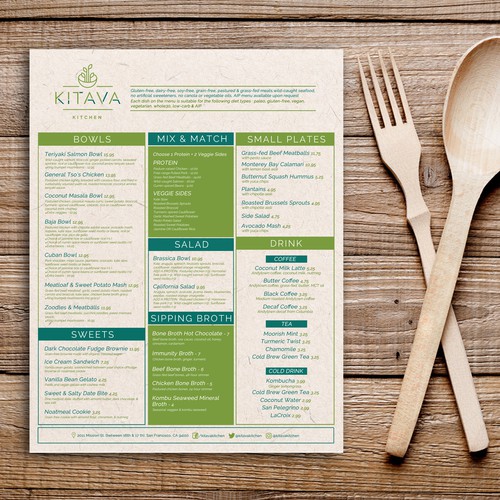 Casual menu design for KITAVA Kitchen