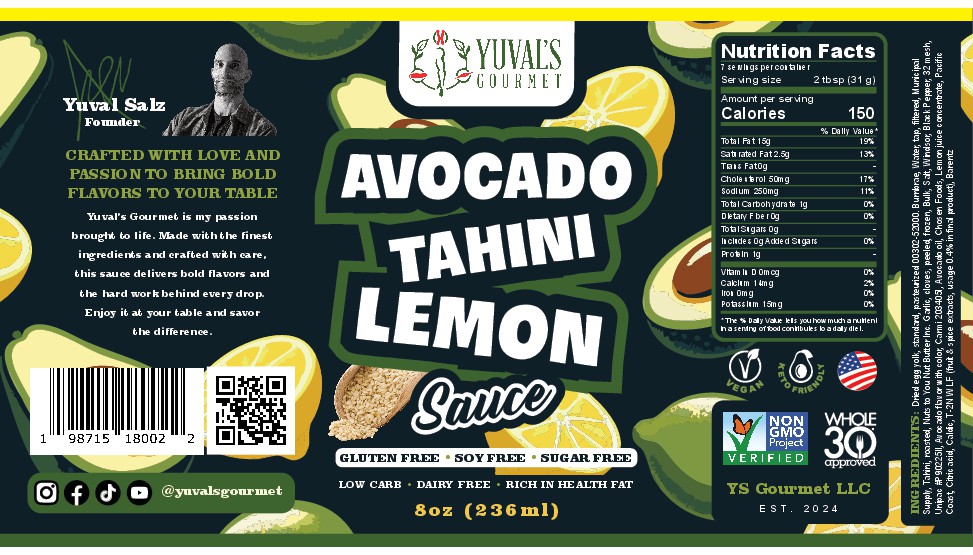 Bold label for Yuval's Gourmet startup - Avocado Tahini Lemon Sauce, new flavor ,new market!