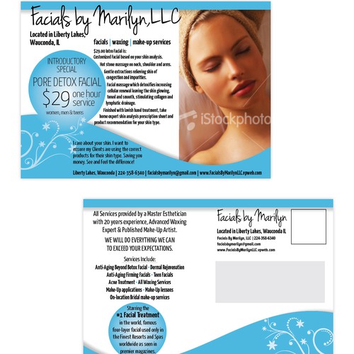 postcard for FACIALS BY MARILYN, LLC