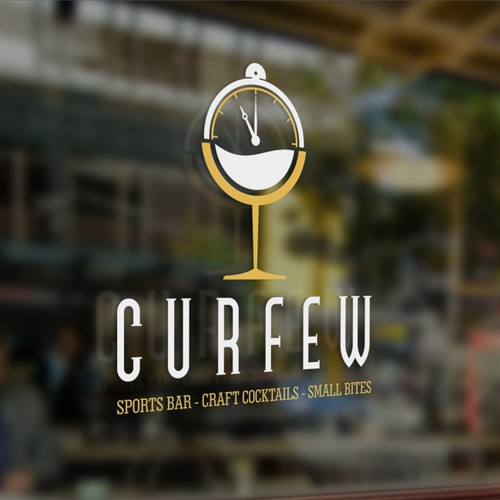 curfew logo. sport bar, carft cocktails, small bites