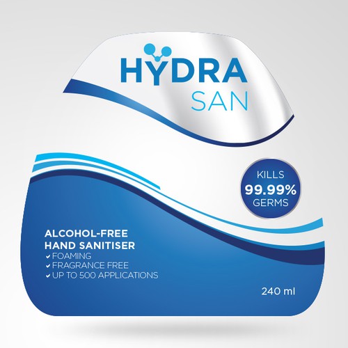 Product label for HydraSan, a new Alcohol-Free Hand Sanitiser.