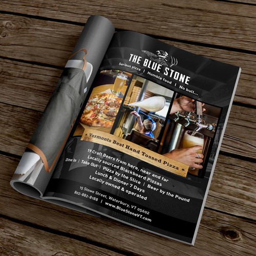 Magazine ad for a rustic Pizza place & beer pond