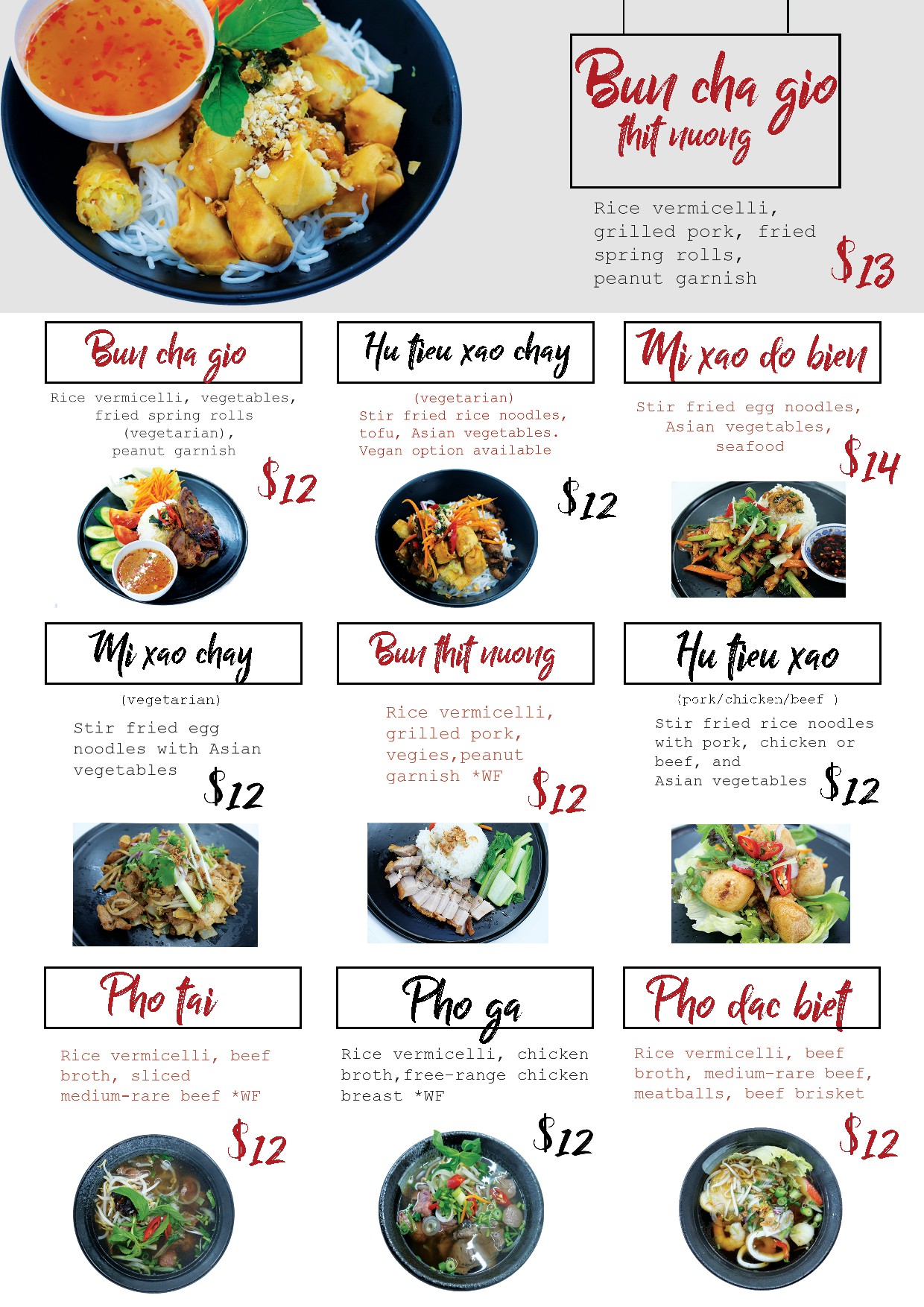 Create menu for Vietnamese restaurant