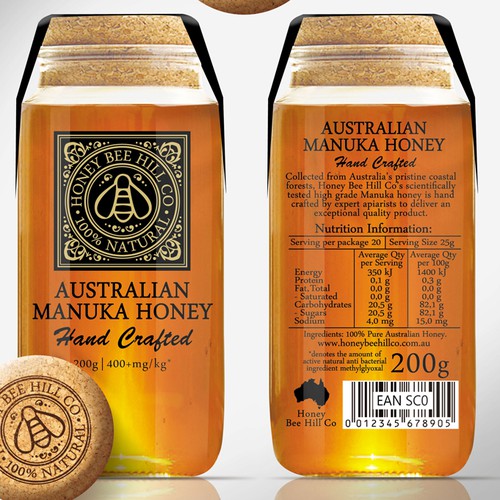 Create a high end Manuka honey label for Honey Bee Hill Co