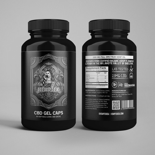 Label for an all-black, 60 Gel cap Pill bottle