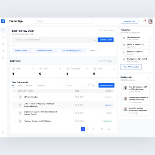 SaaS Dashboard UI for Contract & Deal Management Platform