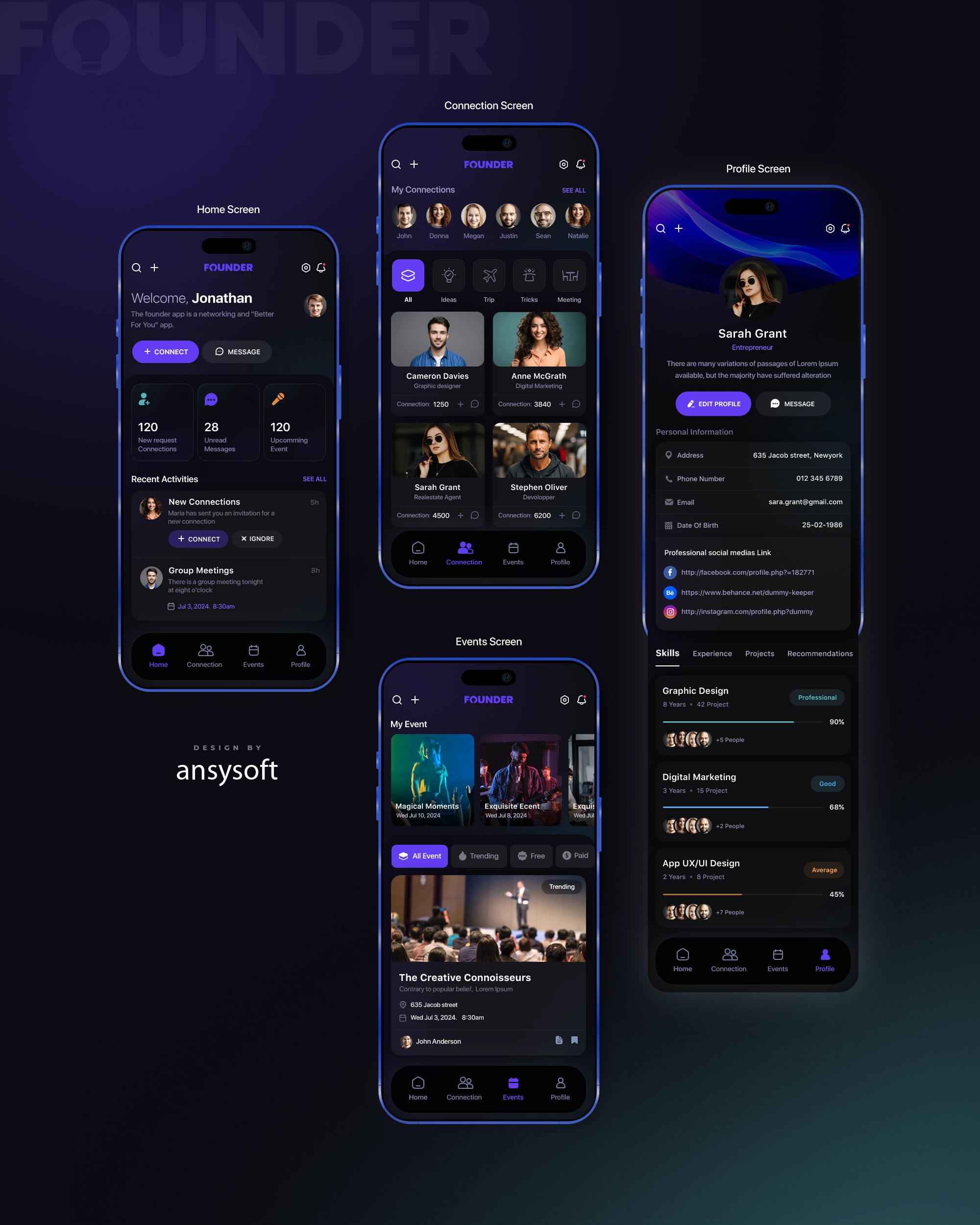 Design UI for a Event and Connection Focused app called Founder