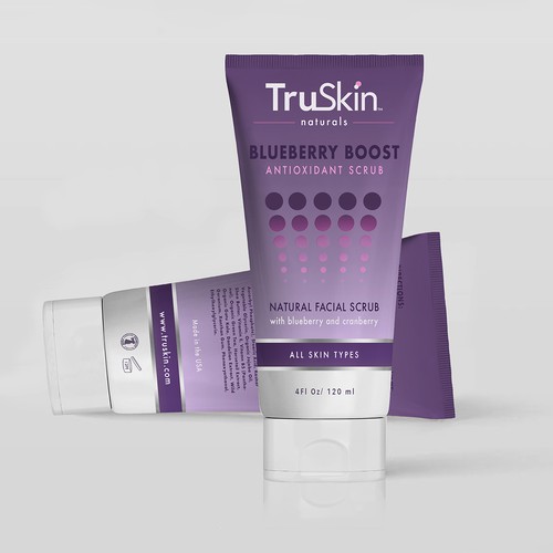 Truskin: Blueberry Boost NatuRal Facial Scrub Tubes (front and back). Cranberry and Blueberry colors. 