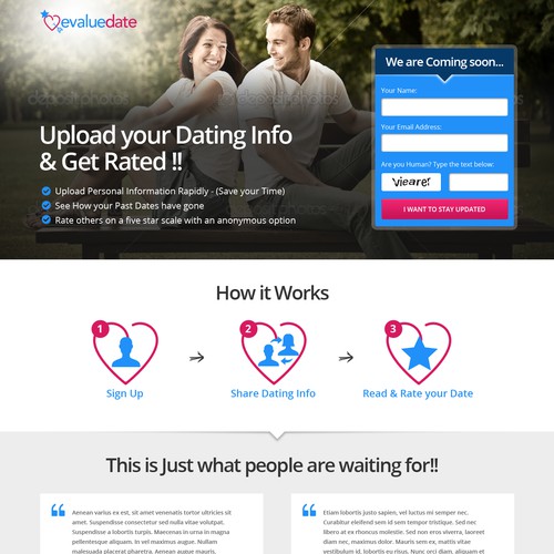 A landing page for a dating site.