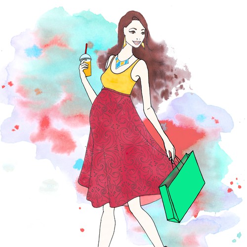 High fashion illustration of a pregnant lady shopping & having fun!