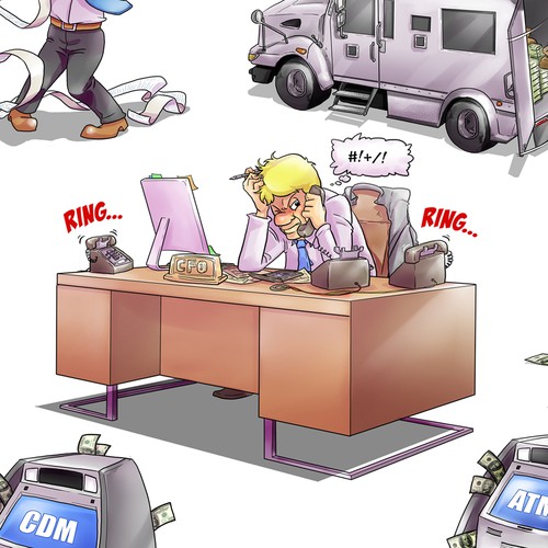Chaotic Cartoon Scene of Bank Branch