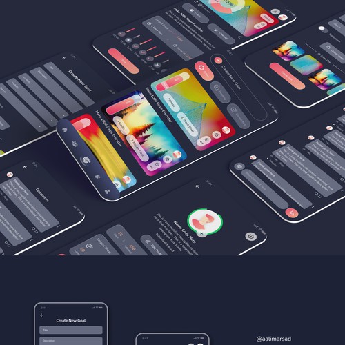 Social Goal Tracking App Design, Dark Theme.