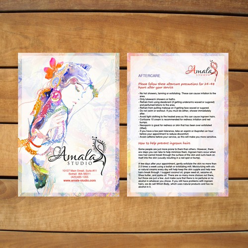 Create an aftercare card for Amala Studio