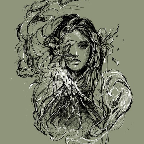 Hand illustration of a woman & volcano for teeshirt