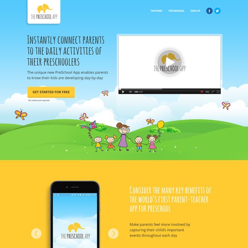 Landing page design for preschool app