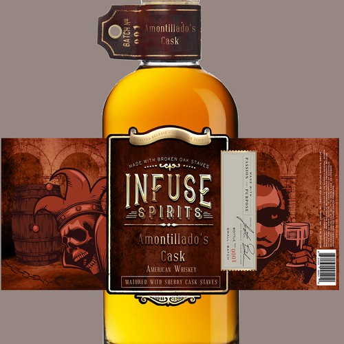 Unique and illustrative whiskey label design for National US-Based Infuse Spirits