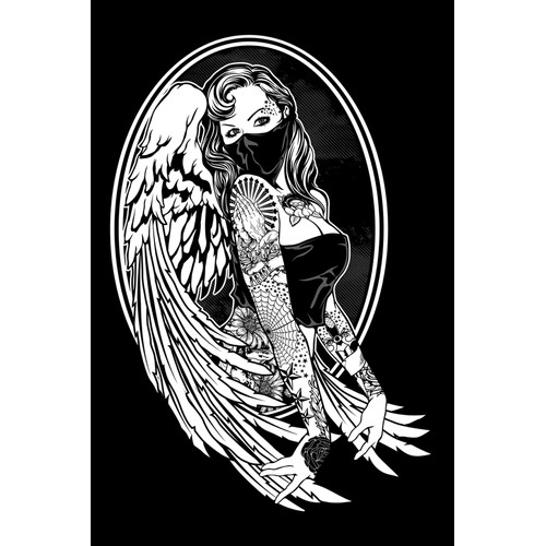 Line art drawing of a tattooed angel