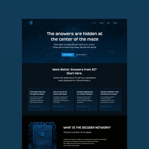 Landing page UI design for "The Decoder Network"