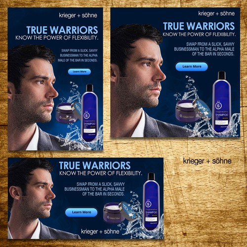 Create a banner ad series for a Hot, New, Mens Shampoo Product