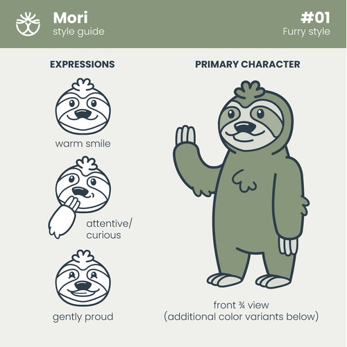 Calm, friendly sloth mascot for life story journaling app
