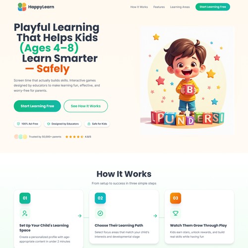 HappyLearn – Educational Landing Page Design for Kids (Ages 4–8)