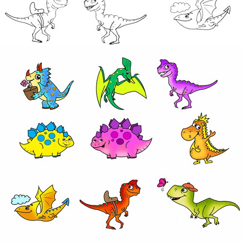 freehand cartoon dinosaurs